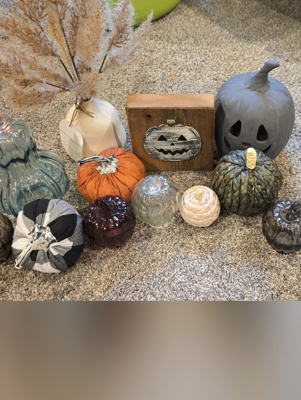 Seasonal Decorative Pumpkins and Glass Accents - Assorted Gray, Orange, Green